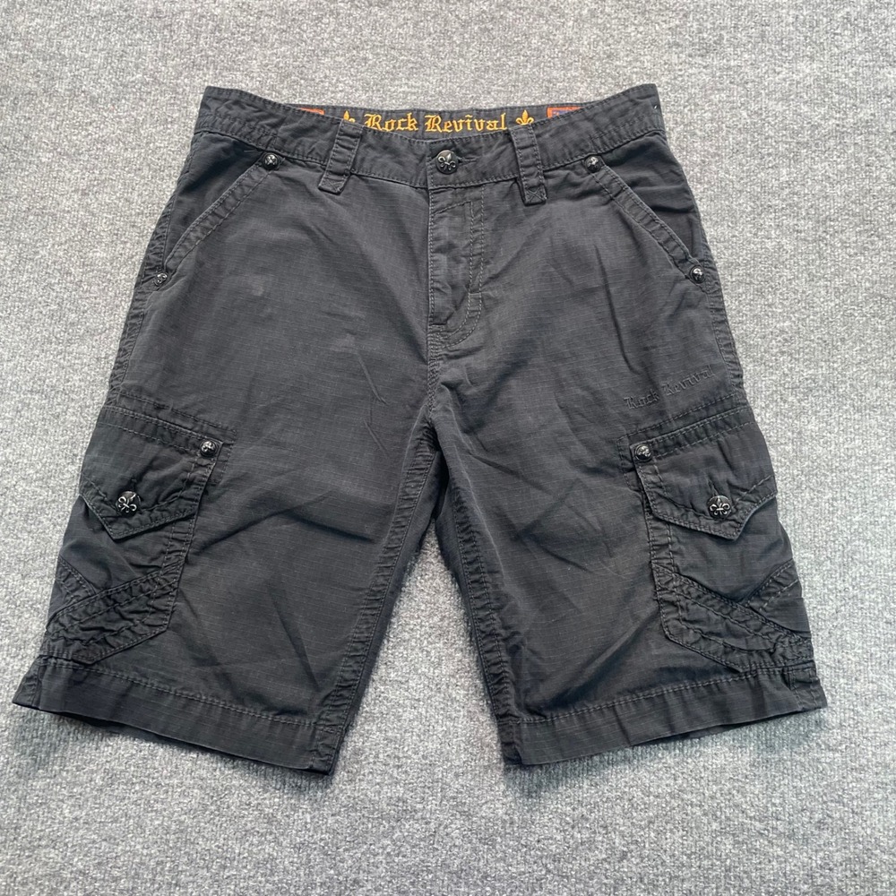 Rock Revival Cargo Shorts Mens 34 Black Classic Embroidered
